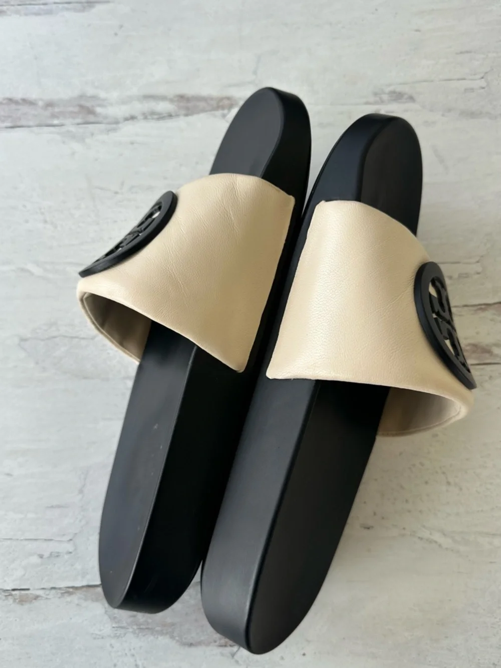 Tory Burch Black & Cream Logo Slide Sandals - Picture 4 of 12